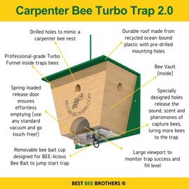 Best Bee Brothers Best Bee Brother Turbo Trap 2.0, Professional-Grade Carpenter Bee Trap for Outside with Bee Vault, Large Viewport & Spring-Loaded Door, 4.1 W x 4.8 H x 5.9 D