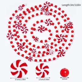 obmwang 10 Feet Christmas Wooden Bead Garland Christmas Candy Garland Red and White Peppermint Candy Bead Garland for Xmas Party Supplies Holiday Decor (Red and White)