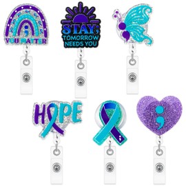 ANGOLIO 6Pcs Suicide Prevention Awareness Badge Reel - Glitter Acrylic Teal & Purple Ribbon ID Holder for World Suicide Prevention Day, Support Squad & Mental Health