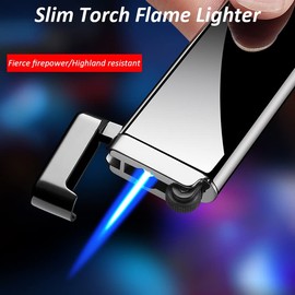 Slim Torch Lighter, Jet Flame Refillable Butane Lighter with Wheel Flint Ignition, Windproof & Adjustable Flame Mini Pocket Lighter, Great Gift for Men for Birthday, Christmas (No Gas) (Red)