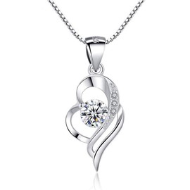 Kamise Silver Necklace for Women, 925 Sterling Silver Heart Pendant Necklaces with White Zircon, Silver Necklaces Love Heart Pendant & 45cm Silver Chain, Jewellery Gift on Valentine’s day for Girls