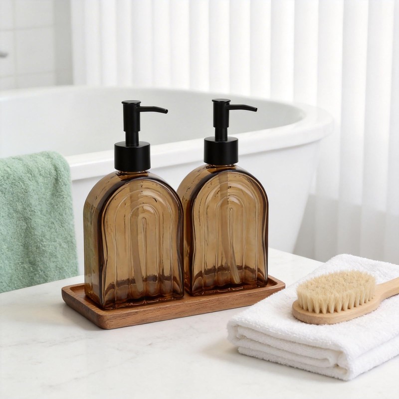 Glass Soap Dispenser Set with Wooden Tray, 13.5Oz Refillable Liquid