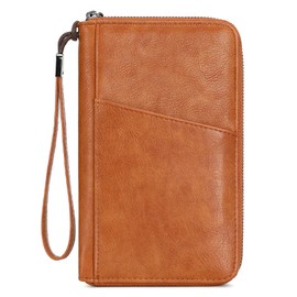 Passport Holder PU Leather Wallet for Men & Women, RFID Blocking Travel Wallet, Passport Holder Card Slots Document Organizer Wrist Strap (Solid Brown Yellow)