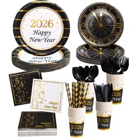 128PCS New Year Plates and Napkins Party Supplies - 2026 - Serves 16 Guests - Happy New Year Eve Plates, Napkins, Cups, Cutlery, Straws NY Party Decorations Favors