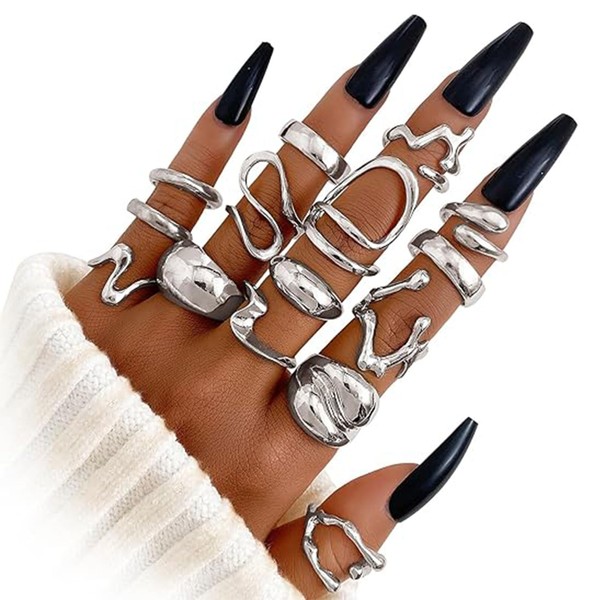BelleVive 15-Piece Set with Chunky Silver Rings for Women, 14