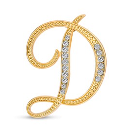 Large Statement ABC Pave Crystal Cursive Script Monogram Letters Alphabet Initial D Scarf Lapel Pin Brooch For Women Yellow Gold Plated