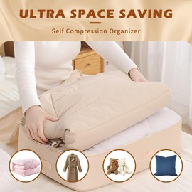 Ultra Platz Sparender Selbstkomprimierender Organizer,Platzsparende Aufbewahrungstasche,Robuste Umzugstaschen,Selbstkomprimierende Bewegliche Organizertaschen for Bettdecken Kleidung Decken (Beige)