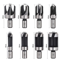 THF 8pcs Standard Wood Plug Cutter Set, Wood Dowel Maker Plug Hole Cutter Tenon Carbon Steel Metric Shank Drill Bit Set, Taper Claw Type HSS Cork for Woodworking Tool- 6mm 10mm 13mm 16mm