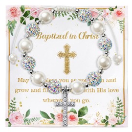 WATINC Baptism Bracelet Gifts for Girls, Baptism in Christ Prayer Rosary White Bracelet with Silver Cross Charm Card Envelop, Adjustable Pearl Jewelry Present for Christian Religious First Communion