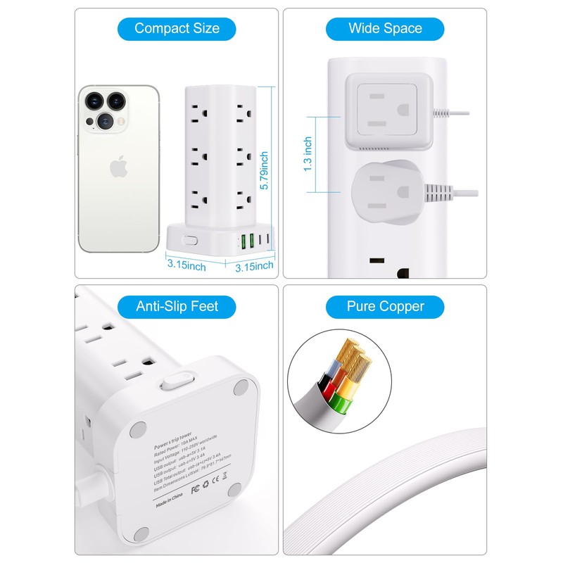 Power Strip Tower with Multiple Outlets, Flat Plug Surge Protector
