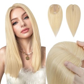 Hairro Hair Topper Human Hair, Clips in 100% Real Hairpieces with 4"x 4.7" Silk Base for Women, for Thin Hair/High Hairline/Covering Greyish Hair on Top, 10 Inch Bleach Blonde