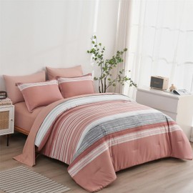 KAKIJUMN 7 Piece Bed in a Bag Stripe Comforter Set Full Size, White Grey Blush Pink Patchwork Striped Comforter and Sheet Set, All Season Soft Microfiber Complete Bedding Sets(Pink,Full)