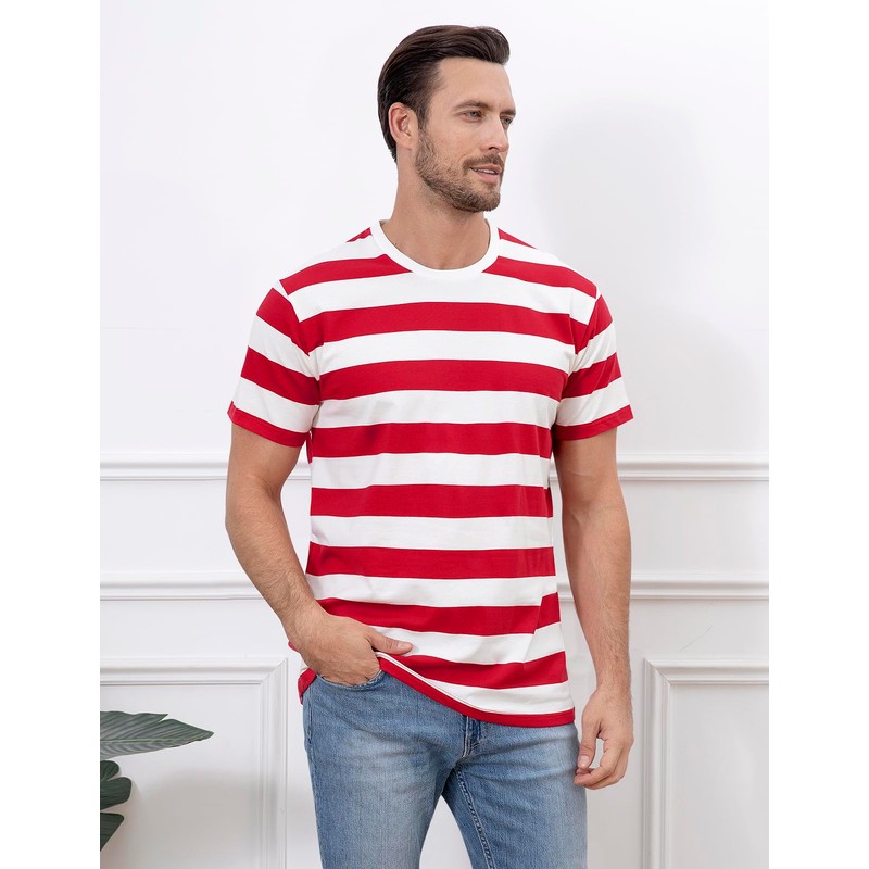 COSAVOROCK Men's Wide Striped Cotton Short Sleeve T-Shirts Crew Neck