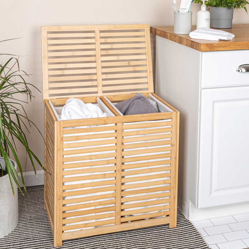Household Essentials Bamboo and Cotton Double Laundry Sorter with Lid