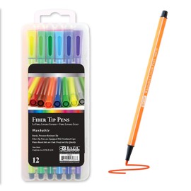 BAZIC Washable Fiber Tip Pen, 12 Color Fineliner Pens, Fine Point Marker for Writing Drawing Coloring Teacher School Supplies Gift (12/Pack), 24-Packs