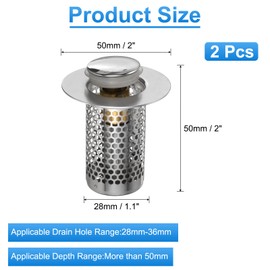 uxcell 2 Pcs Bathroom Sink Stopper Push Type Sink Drain Strainer Filter with Removable Stainless Steel Filter Basket Hair Catcher Fit for 1.1"-1.4" Dia 2" Depth Sink Drain Hole, Silver