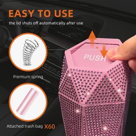 NBTEPEM Bling Car Trash Can with Lid, Bling Car Accessories Trash Bin, Leakproof Auto Garbage Can with 30 Trash Bags, Multipurpose Organizers and Storage for Home, Office (Pink Diamond)