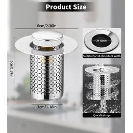 Pack of 2 Stainless Steel Pop Up Drain Strainer, Sink Plug, Sink Plug, Drain Strainer, Universal Pop Up Sink Plug with Anti Clogging Strainer for Drain Fitting, Sink, Kitchen, Bathroom