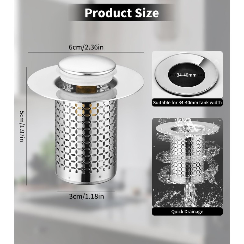 Pack of 2 Stainless Steel Pop Up Drain Strainer, Sink