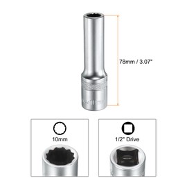 sourcing map 1/2" Drive by 10mm 12-Point Deep Socket 78mm Length Metric Spline Socket