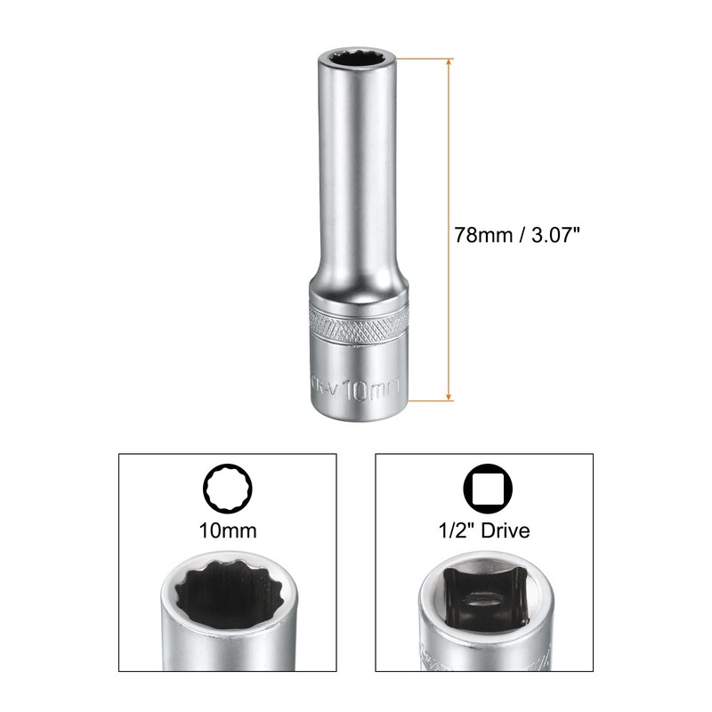 sourcing map 1/2" Drive by 10mm 12-Point Deep Socket 78mm