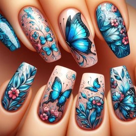 Square Press on Nails Medium Fake Nails with Designs Butterfly Glue on Nails Flower False Nails Leaves Acrylic Nails Glossy Artificial Nails Full Cover Stick on Nails for Coquette Women 24Pcs
