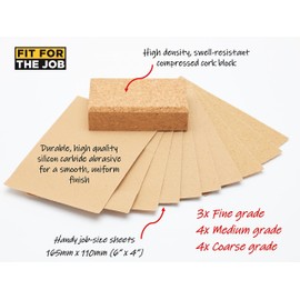 Fit For The Job 11pc Sanding Set - 3x Fine, 4x Medium, 3x Coarse Grade Sanding Sheets plus Cork Block for Wood, Furniture, Metal, Plaster For Home Improvement, Decorating & More
