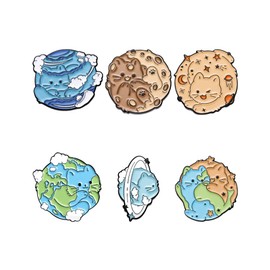 6Pcs Cat Planet Brooches Pin for Women Men Neptune Saturn Earth Lapel Pin Funny Cute Kitty Badge Brooch Pin Birthday Jewelry Gift Hat Shawl