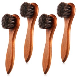 4 Pcs Horsehair Shine Shoes Brush Kit Polish Dauber Applicators Cleaning Leather Shoes Boots Care Brushes Suede Cleaner Brush with Microfiber Shoe Cloth(Brown Handle B)