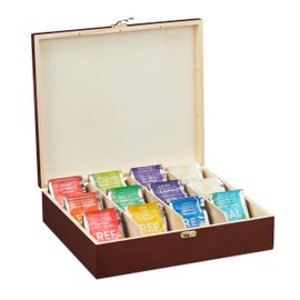 Relaxdays Tea Box, 12 Compartments, Wood, Organiser for Tea Bags and Coffee Pods, Large Tea Box HBT: 7.5 x 29 x 26 cm, Brown, 10032166, Dark Brown