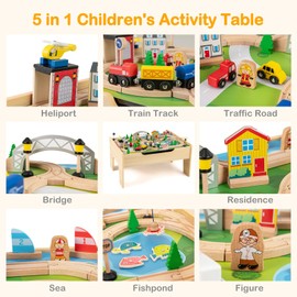INFANS Train Table, 80 Pieces Wooden Kids Activity Toy Table Playset with Reversible Detachable Tabletop, Tracks, Train, Railway, City, Gift for Toddler Boys Girls Ages 3+ (31" x 22.5" x 15.5")