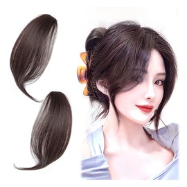 100% Human Hair Clip in Side Bangs Extensions 2PCS Medium Brown Clip on Middle Part French Bangs 10 Inch Side Swept Fringe Hairpieces #4 (brown)