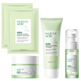 Sali-cylic Acid Anti Acne Set: Cleanser + Essence Liquid + Face Cream + 2PCS Face Masks