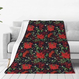 Throw Blanket Red Poinsettia Flower Christmas Xmas Couch Blankets Plush Flannel Cover Lightweight Soft for Living Room Bed Sofa Travel Office Camping 50 x 60 Inch