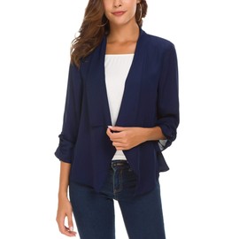 Women's Ruched Sleeve Lightweight Thin Chiffon Blazer (S, Navy Blue)