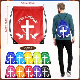 FACULX 20 Pcs Jesus Loves You Drawstring Backpack Bulk Back to School Gifts Christian Religious Gift Bag Polyester Backpack + 20 Pcs Mini Jesus Figures Jesus Loves You Jesus Doll