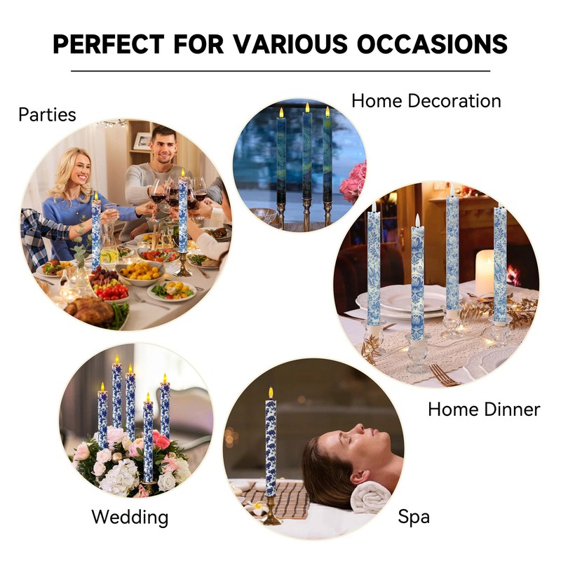 Chinoiserie LED Candles Remote Candlesticks-10inches Blue and White Battery Operated
