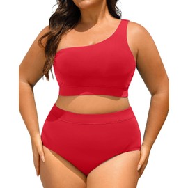 Tempt Me Women Plus Size High Waisted Bikini Two Piece One Shoulder Swimsuit Red 18 Plus