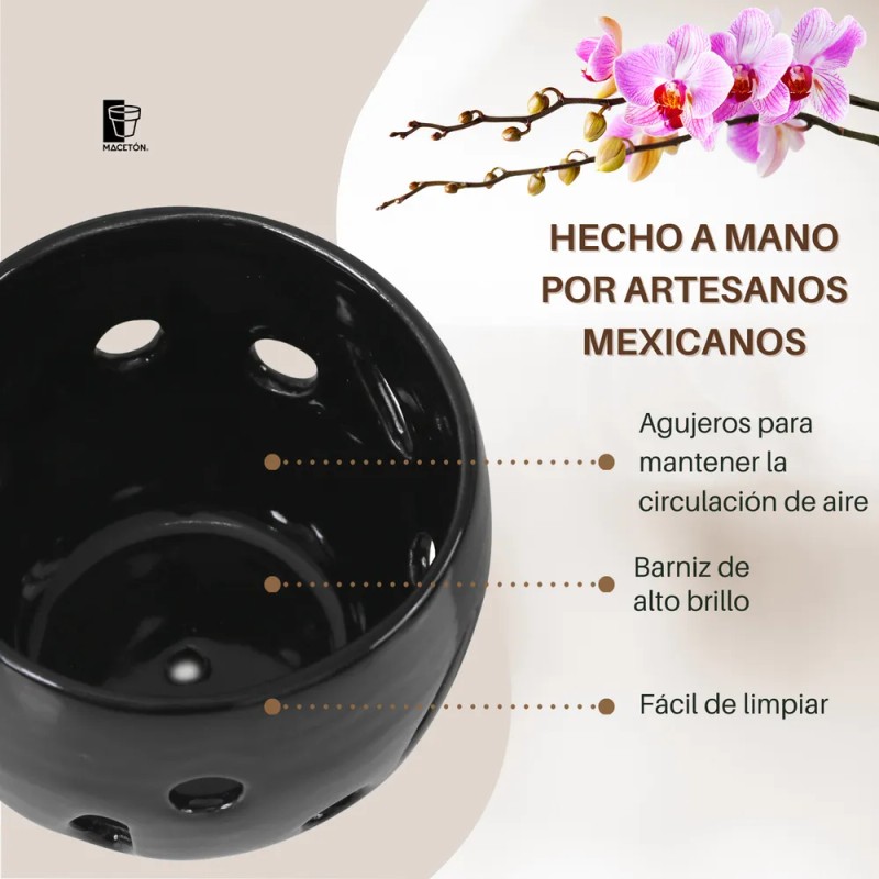 Maceta De Cerámica Esmalte Negro Para Orquídeas Pequeñas Calada Redonda