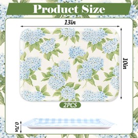 2 Pcs Hydrangea Flower Serving Trays Melamine Platter Spring Summer Blue Plaid Floral Serving Dishes for Party Sharing Snack Fruit Dessert Supplies, 10 x 13 Inch