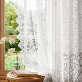 Rinwoc - Cortinas semitransparentes de encaje blanco, encaje floral clásico para recámara/baño, cortinas de bolsillo para barra de filtrado de luz, tratamientos de ventana chic de privacidad