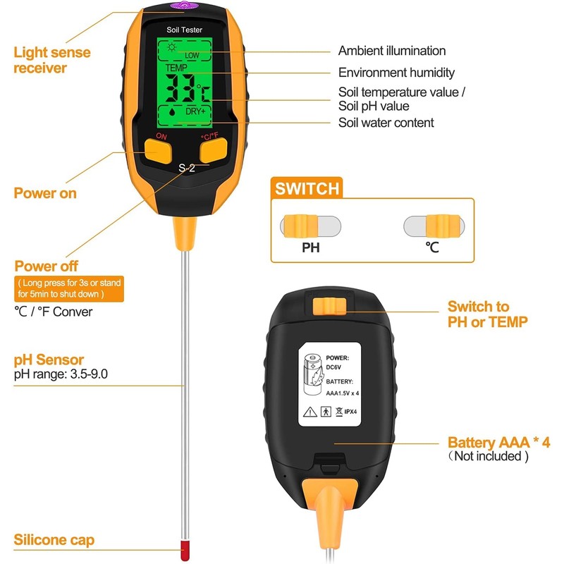 Soil Moisture Meter, 4 in 1 Soil PH Meter, LCD