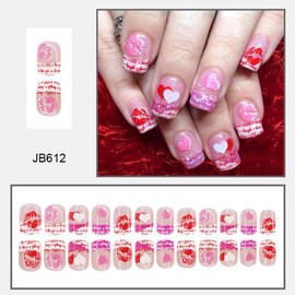 24Pcs Valentine's Day Press on Nails Short Square Pink Fake Nails with Designs Red Lips Heart False Nails French Tips Acrylic Nails Full Cover Stick on Nails Cute Valentines Nails for Women Girls