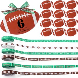 Geelin 12pcs Football Wood Crafts with 6 roll of Ribbon Wooden Football Shaped Hanging Ornaments Wood Tags with Soccer Ribbon for DIY Project Birthday Sport Themed Party Decor