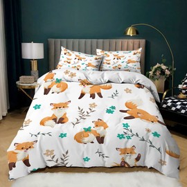 AILONEN Fox Duvet Cover Set,Fox Bedding Set Queen Size,Animal Pattern Printed Comforter Cover Set for Kids,1 Quilt Cover 2 Pillowcases 3 Piece