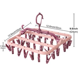 Foshine Clothes Drying Racks Foldable Clip Hangers Plastic with 32 Drying Clips Wind-Proof Hook Underwear Hanger for Socks Bras (Pink)