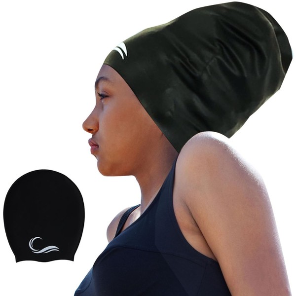 Long Hair Dreadlock Swim Cap – Silicone Swimming (Black, X-Large)