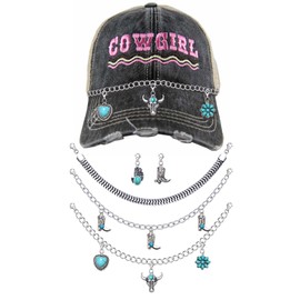 Trucker Hat Chain Western Turquoise Charm Chain Cowboy Cowgirl Boot Heart Pendant Hat Bill Chain Western Rodeo Hat Accessories for Baseball Cap Party Supplies