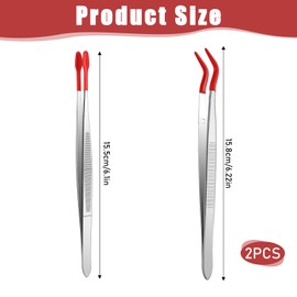 Rubber Tipped Tweezers, 2 Pcs PVC Coated Precision Tweezers Hobby Craft Tweezers Set, Long Bent and Straight Flat Tip Tweezers for Crafts Stamps Coin Beads Jewelry Industrial Electronic Lab (Red)