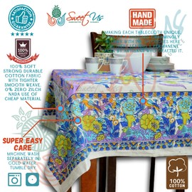 Sweet Us Tree of Life Tablecloth for Square Tables, Cotton Floral Kitchen Dining Table Cloth, Linen Blue Lavender, Table Cover for Indoors and Outdoors (Purple Green, 72 x 72 in)